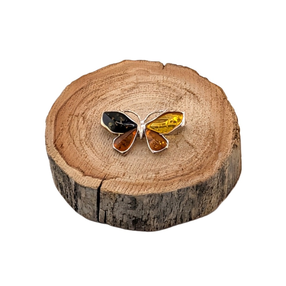 Vintage Baltic Amber Butterfly Brooch Multicolored Sterling Silver Pin Jewelry